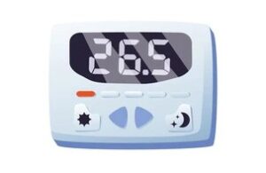 boîtier de contrôle de la température blanc. Affichage digitale de la température avec des chiffres blancs sur fond noir. 2 boutons en forme de flèches "droite gauche". 2 pictogrammes "soleil" et "nuit".