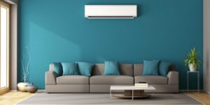 climatisation salon canapé gris mur bleu table basse claire